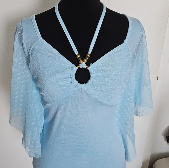 D.i.a Gyaru Blue Batwing Sheer Polka Dot Sleeve Beaded Halter Neck Top With - Picture 2 of 9